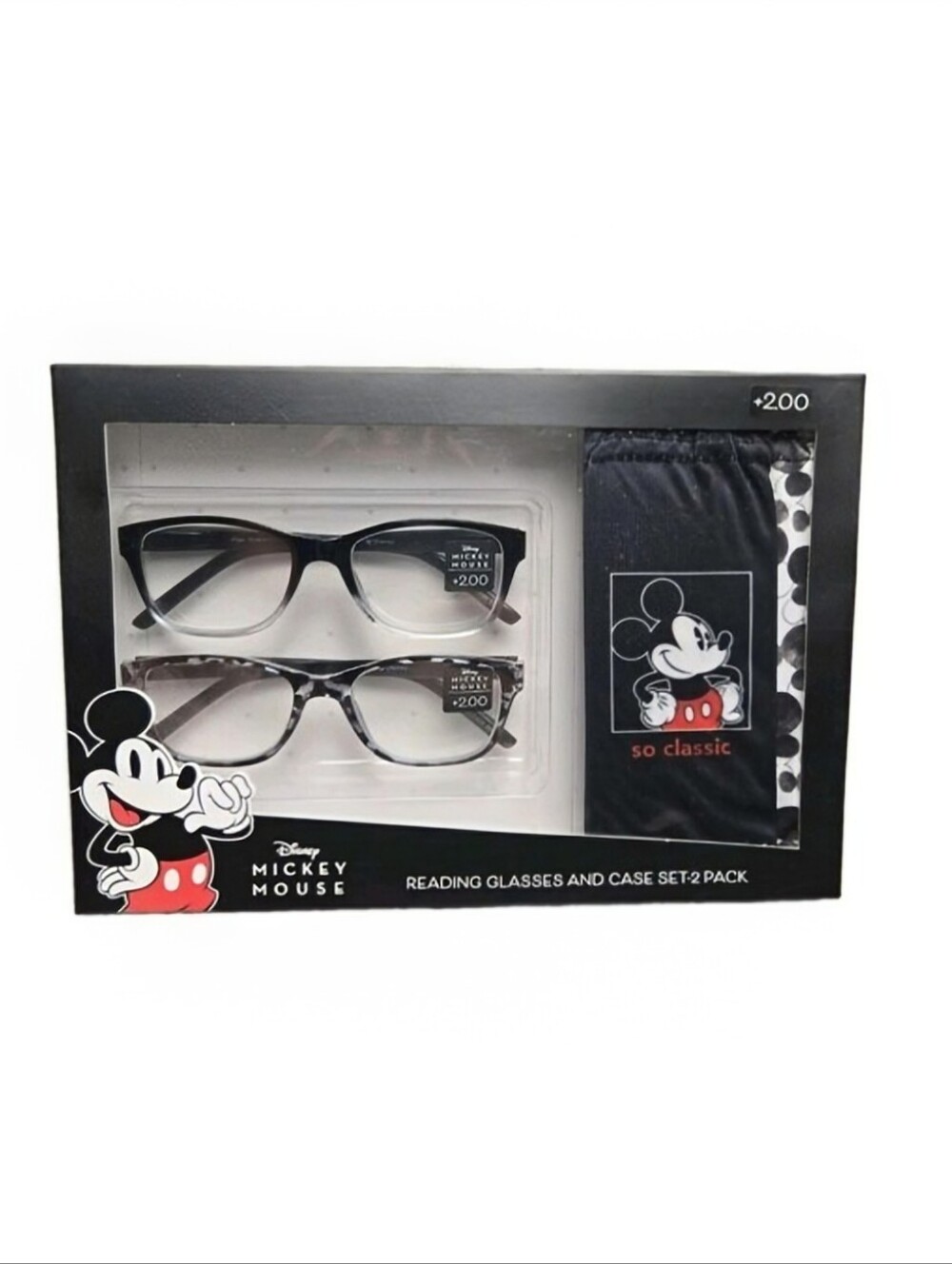 Disney Mickey Mouse Reading Glasses  +2.00 Readers Microfiber Pouch 2 Pair